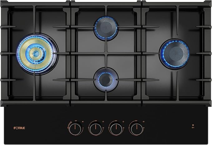 FOTILE GLG30401 30” Black Tempered Glass 4-Burner Gas Cooktop, Tri-Ring 18,000 BTUs Left Burner with Flame Failure Protection Removable Grates and Installation/LP Kit