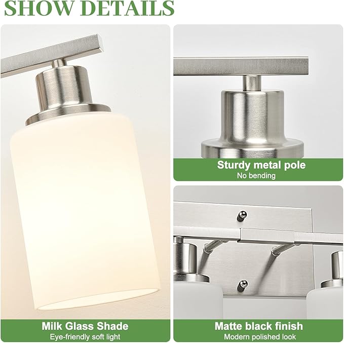4-Light Vanity Light with Milky White Shades, Brushed Nickel Bathroom Lighting Fixtures Over Mirror, Modern Bathroom Wall Lamp for Mirror Living Room Cabinet Bedroom