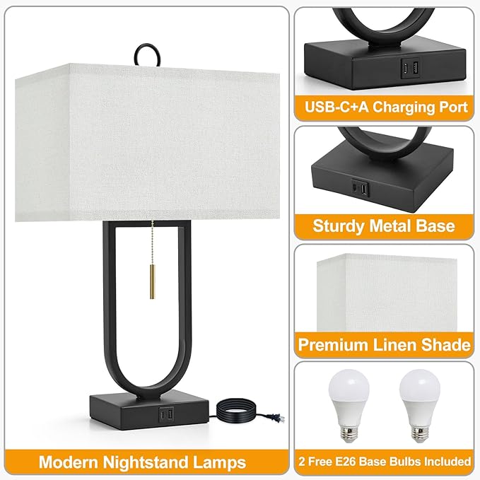 24'' Table Lamps Set of 2 - Desk Lamp & Bedside Lamp, 3-Color Temperature, USB C+A Ports, Modern Nightstand Lamps for Bedroom, Living Room, Home Office, Pull Chain Switch, Includes 2 LED Bulbs