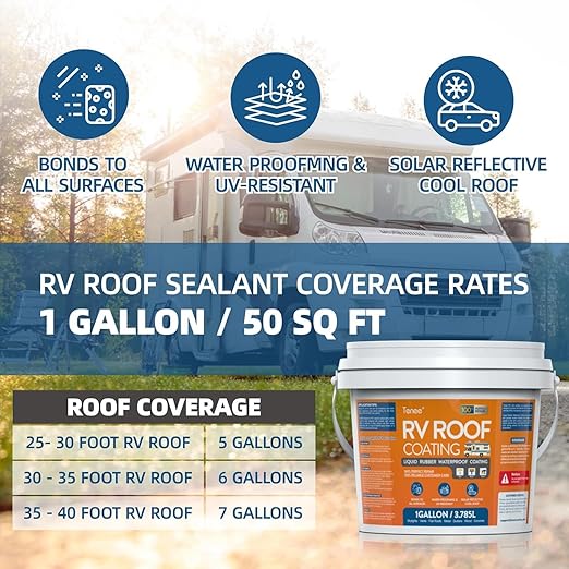 1 Gallon RV Roof Coating White with Brush, Towel, Solar Reflective Sealant for Easy Insulation & Leak Repair, Liquid Flexible Rubber Camper RV Roof Sealant for Metal Building, Trailer, Motorhome