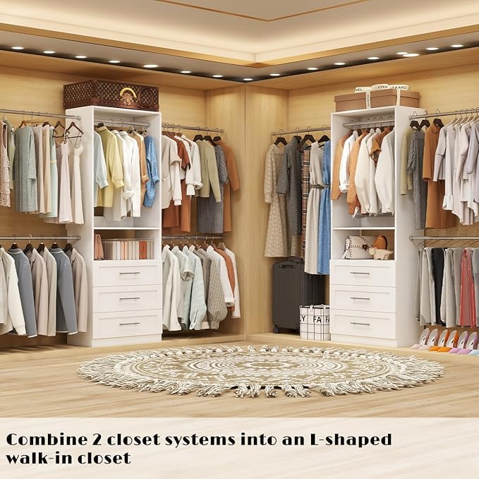 Closet System, 4FT-8FT Closet Organizer System with 3 Wooden Drawers Walk-in Closet Storage System with 5 Expandable Hanging Rods Garment Rack Wall Mount White