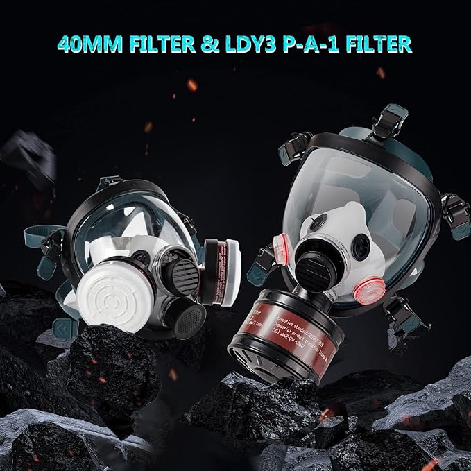 Gas Masks Survival Nuclear and Chemical, Gas Mask with 40mm Activated Carbon Filter and P-A-1 Filter, Full Face Respirator Mask for Chemicals, Gases, Welding, Vapors, Spray Paint
