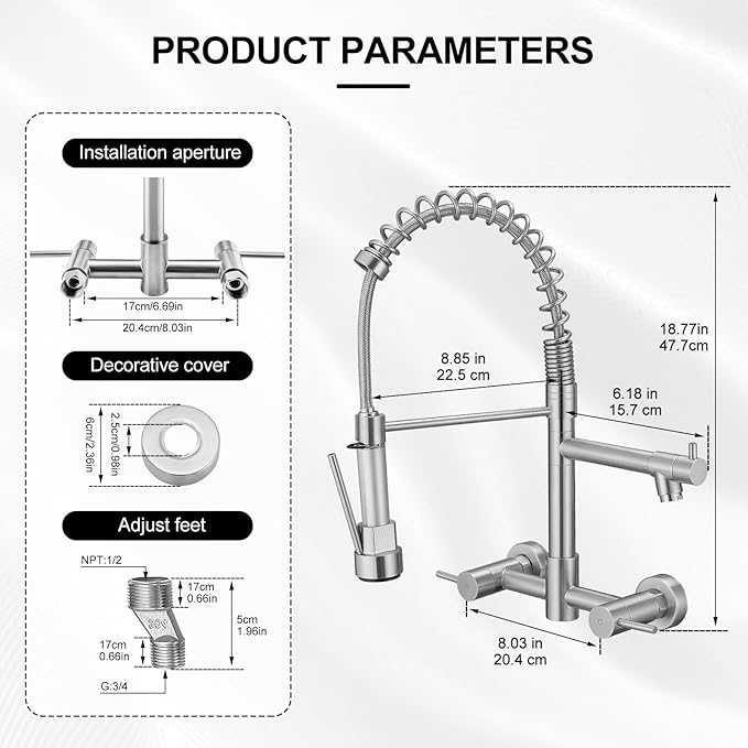 AIMADI Wall Mount Kitchen Faucet,Commercial Sink Faucet with Sprayer, Dual Handles Utility Sink Faucet for Kitchen Laundry Restaurant,Stainless Steel