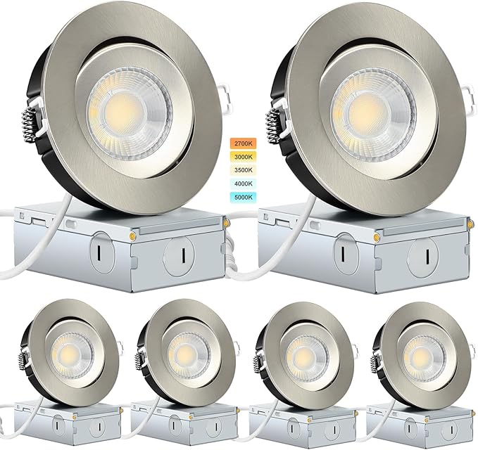 Brushed Nickel 4 Inch Recessed Lights 6 Pack,Ajustable Recessed Lights,spot Lights Indoor with Junction Box,5CCT Selectable,9W 750LM,Dimmable