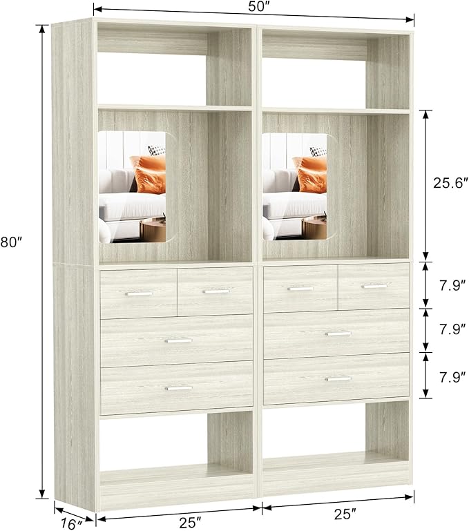 Unikito 50 Inch Closet System with Drawers, 4FT Wood Closets Organizer with Mirror Design, Freestanding Heavy Duty Walk in Closet Towers for Bedroom, Easy Assembly, Max Load 1000 LBS, White Oak