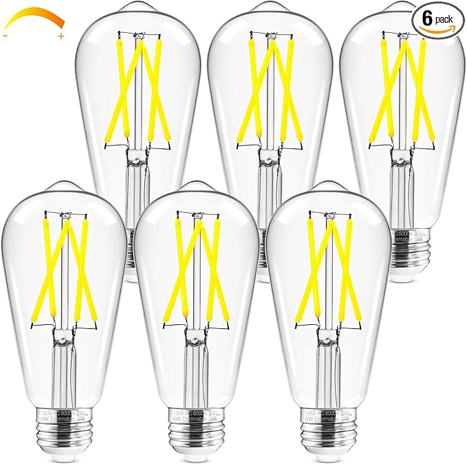 Hizashi LED Edison Bulbs, 6W, Equivalent 60W, Dimmable E26 LED Bulb, Daylight 5000K, 90+ CRI 700 Lumens, ST19 Vintage Light Bulbs, Clear Glass, Pack of 6