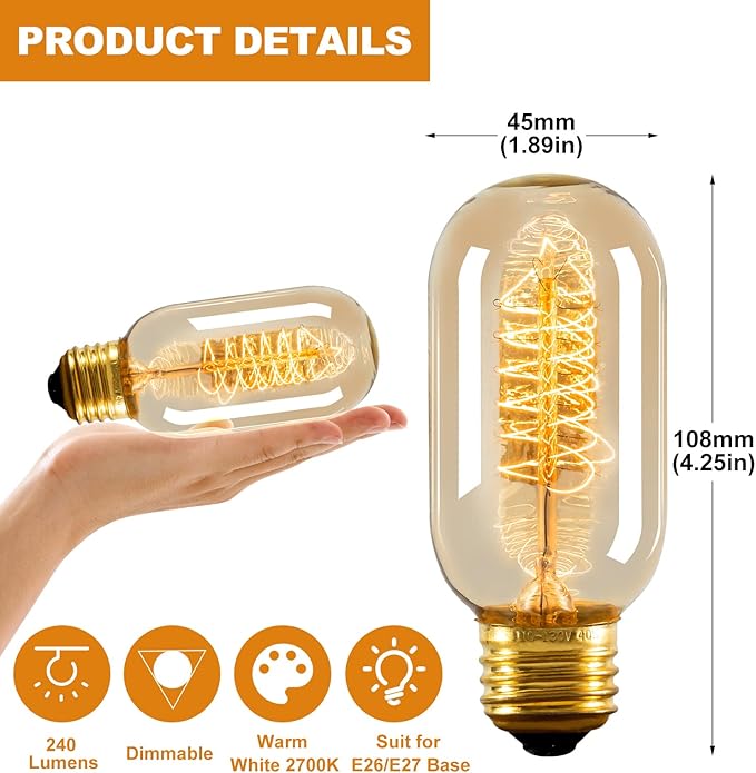 Edison Bulbs,4-Pack Vingtage Filament Light Bulb,T45 2700K Warm Light 40 Watt,110V-130V E26/E27 Base Dimmable Decorative Antique Screw Light Bulbs for Home Lighting Fixtures
