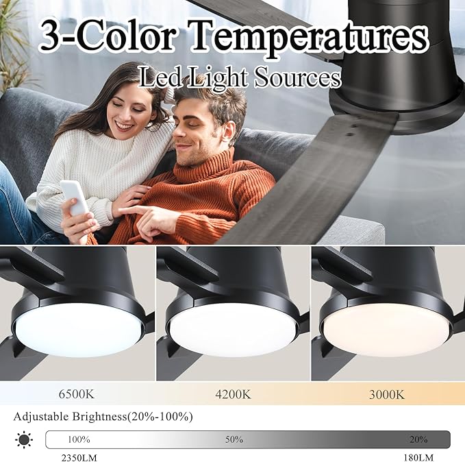 52 Inch Ceiling Fans Black Lights and Remote,White Low Profile Ceiling Fan with Light,Flush Mount,Reversible,6 Speeds,3CCT Dimmable,for Bedroom,Living Room,Indoor Patio