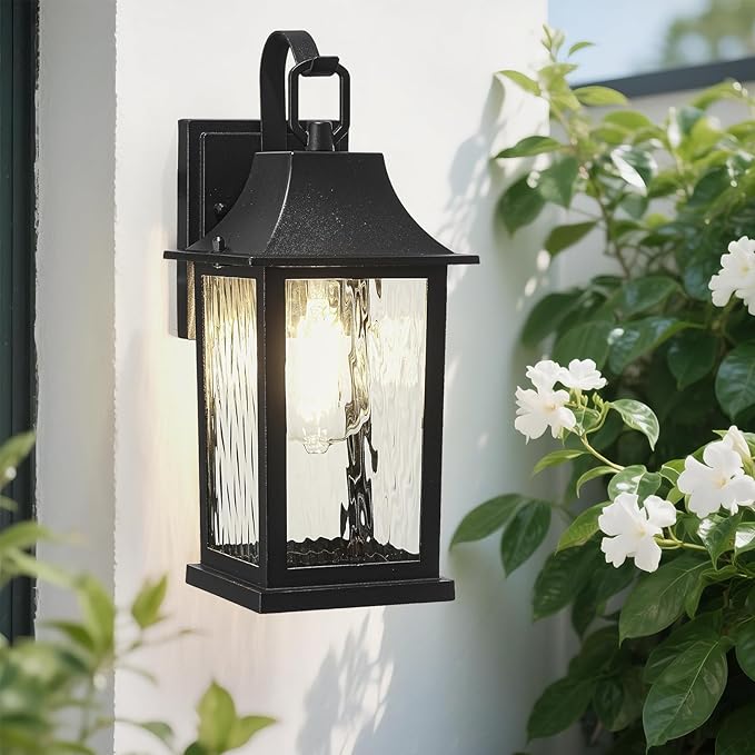 Outdoor Wall Light， 13" Sconce with Water Pattern Glass, Waterproof & Rustproof Exterior Lighting ，Weatherproof Front Porch Lights，for House Garage Doorway Patio (1 Pack, Black)