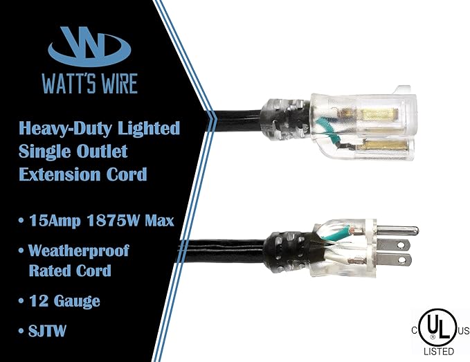 Outdoor Extension Cord Waterproof (10 ft) 12 Gauge Heavy Duty Extension Cord - Lighted Outdoor Extension Cords - Watts Wire - 10' Grounded - extensiones electricas