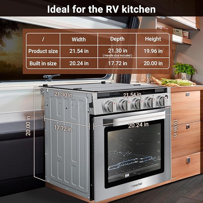 AMZCHEF RV Gas Range Stove 12V. Range Oven for RV Use with 3 Burners,Gas Oven, 28,100BTU, Open Flame Configuration, Knob work indicator, Heavy Duty Cast Iron Grates (Large 21 inch)
