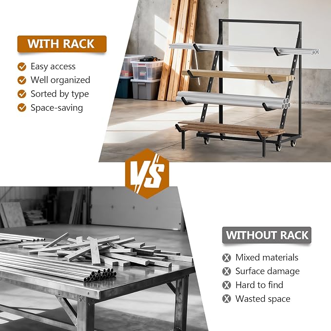 4 Tier Pipe And Lumber Storage Rack - Heavy Duty Pipe Rack With 4IN Swivel Casters And Adjustable Support Bar Weight Capacity Up To 1200LBS, Plywood Storage Shelf For Garage, Workshop And Warehouse