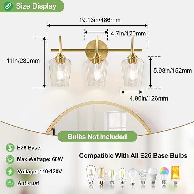 3-Light Bathroom Light Fixtures, 19.5 Inch Brushed Gold Vanity Lights with Wine-Glass Shape, Bathroom Lights Over Mirror, Modern Wall Lamps for Bedroom Living Room Hallway