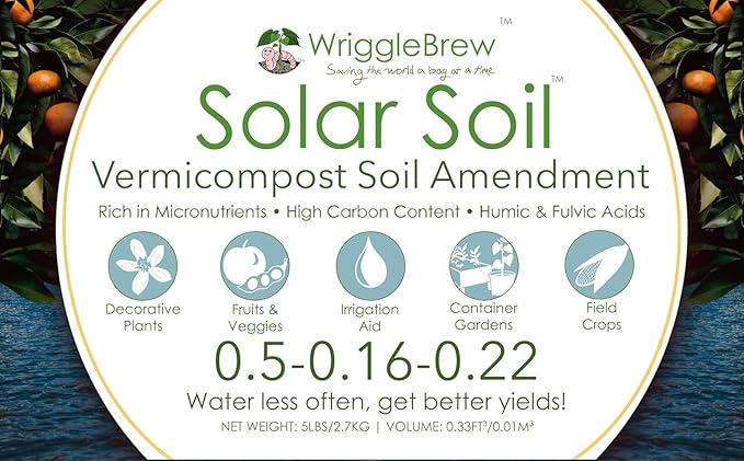 Solar Soil Vermicompost Soil Amendment from Earthworm Castings. All Purpose Plant Food and Dirt Enhancer for Gardens, Vegetables, Fruits, Houseplants. 5lb Bag. Mix with Potting Soil.