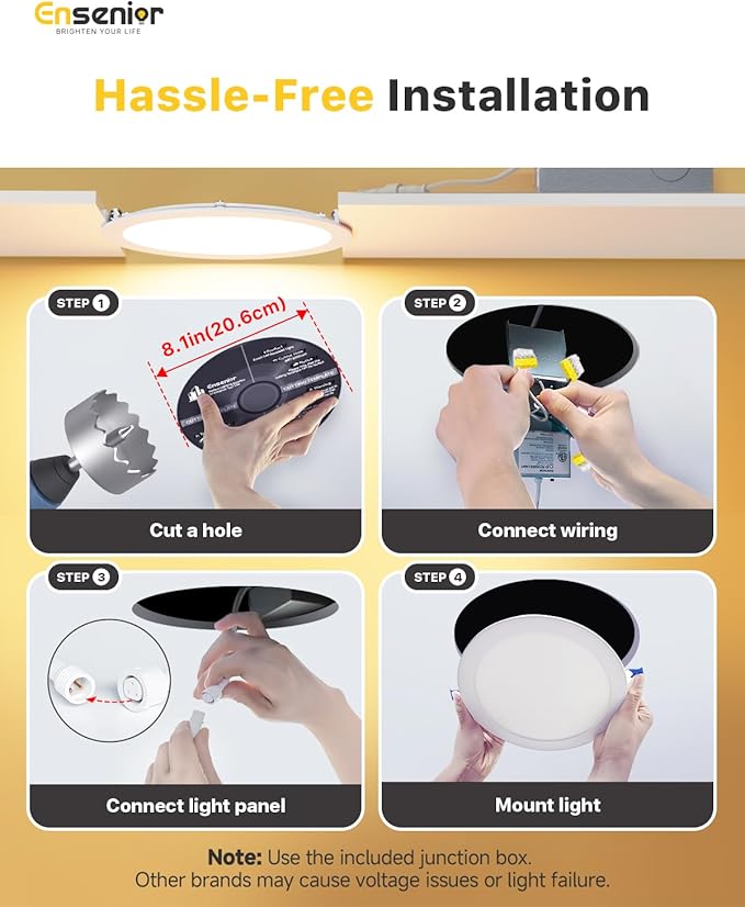 Ensenior 6 Pack 8 Inch LED Recessed Light, Dimmable, 2700K-5000K 5CCT, 1600LM High Brightness, 18W 120V, Damp Rated, Ultra-Thin Canless Wafer Light - ETL & FCC & IC