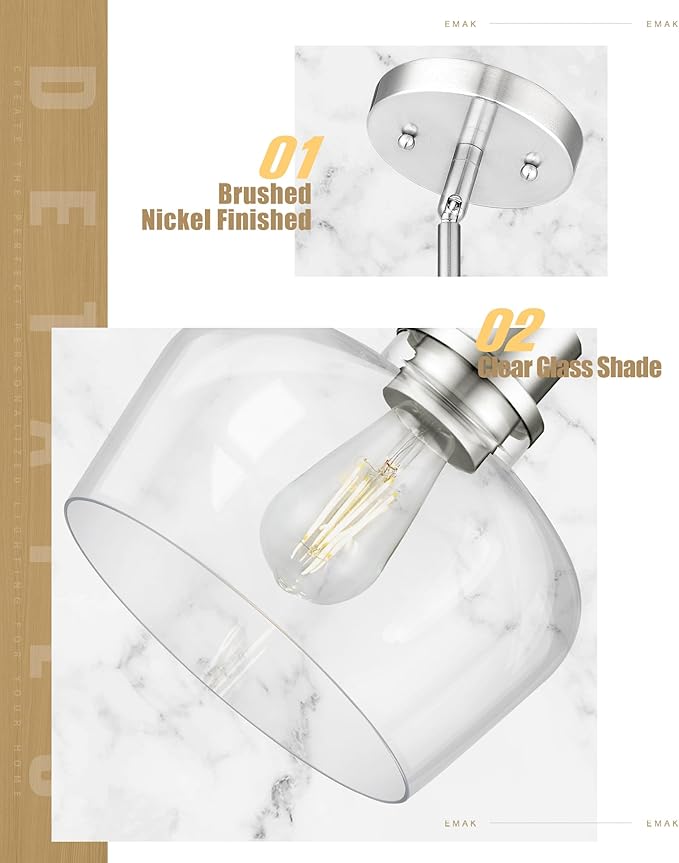 Emak 10 Inch Brushed Nickel Pendant Light, Modern Large Pendant Lights Kitchen Island, Hanging Lights with Clear Glass Shade for Kitchen, Dining Room, Entrance, PL126-BN-CG