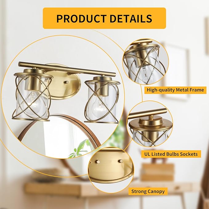 Mavcadonf Modern Vanity Lights with Cage Shade, 2 Lights Over Mirror, Brushed Gold Vanity Light for Bathroom, Kitchen, Bedroom