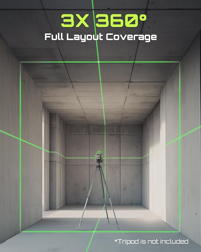 3D-RS12 Laser Level 3x360° Green Beam for Construction and Picture Hanging, Self-Leveling 3D Laser with 2 Rechargeable 11.1V Batteries (24 Hrs), Magnetic Liftable Stand, Type-C Cable