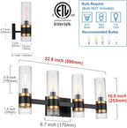 MELUCEE Bathroom Vanity Light Black 4 Lights with Ribbed Clear Glass Shade, Vanity Lighting Fixtures Over Mirror Farmhouse Bathroom Wall Lights for Powder Room Kitchen Foyer, E12 Base
