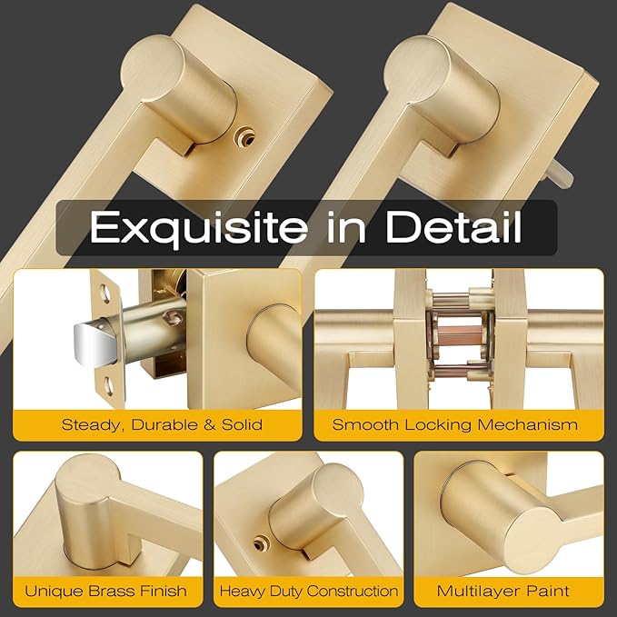 EHOMEWARE 4 Pack Passage Door Knobs, Satin Brass Door Handles Keyless Closet Door Knobs, Interior Door Handle in Gold Finish, Heavy Duty Modern Door Levers