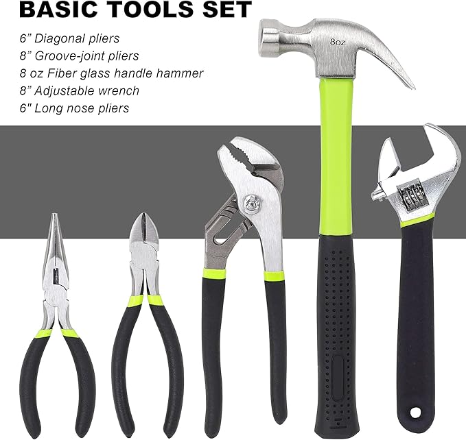 FASTPRO 215-Piece Home Repairing Tool Set with 12-Inch Wide Mouth Open Storage Bag, Household Hand Tool Kit, Green
