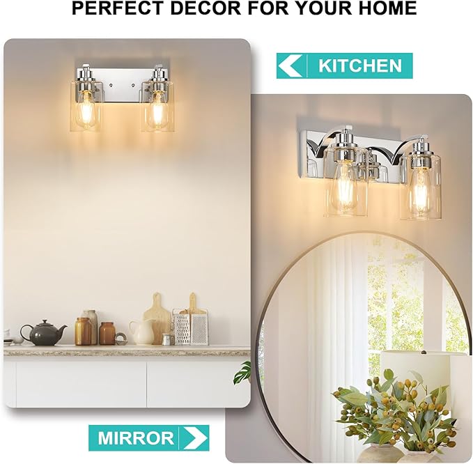 2-Light Bathroom Light Fixtures Modern Chrome Vanity Lights for Bathroom Lighting Fixtures Over Mirror with Clear Glass Shade for Cabinet Mirror Bedroom Hallway