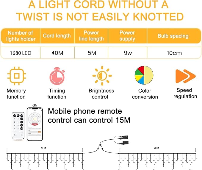 Christmas String Lights Outdoor - 131Ft/40M 1680 LED 8 Modes with Remote Control and App Waterproof Christmas Lights for Patio Yard Garden Wedding Party-Warm White to Multicolor