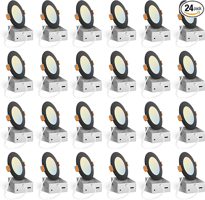 Amico 24 Pack 4 Inch Black 5CCT Ultra-Thin LED Recessed Ceiling Light with J-Box, 2700K/3000K/3500K/4000K/5000K Selectable, 10W Eqv 70W, Dimmable Canless Downlight, 800LM High Brightness, ETL, FCC