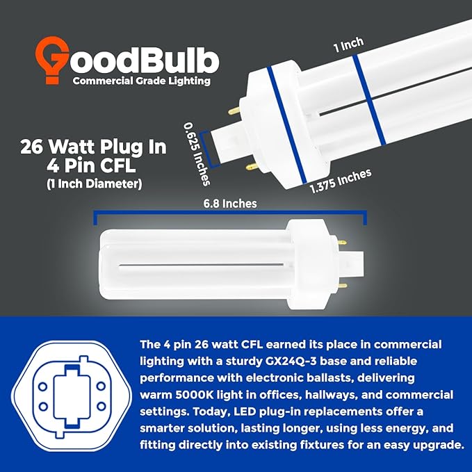 GoodBulb 26 Watt CFL Light Bulbs 4 Pin GX24Q-3 Base 5000K Daylight 26W High Output 1800 Lumens Triple Tube Compact Fluorescent Light Bulbs Plug-in 10 Pack