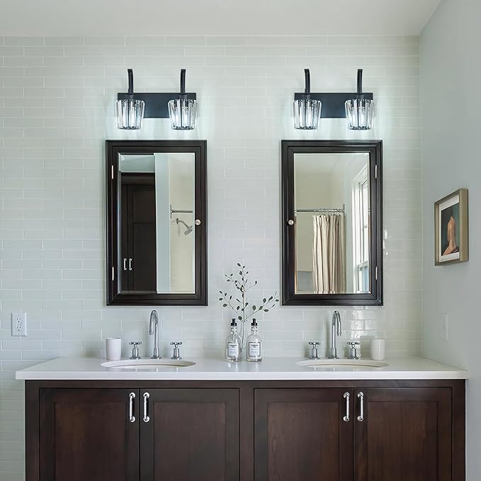 Modern Bathroom Vanity Light, 2-Light Black Wall Sconce with Crystal Accents, Over Mirror Bathroom Lighting Fixture, 13.77" Long Dimmable Vanity Lamp for Makeup, Easy Installation