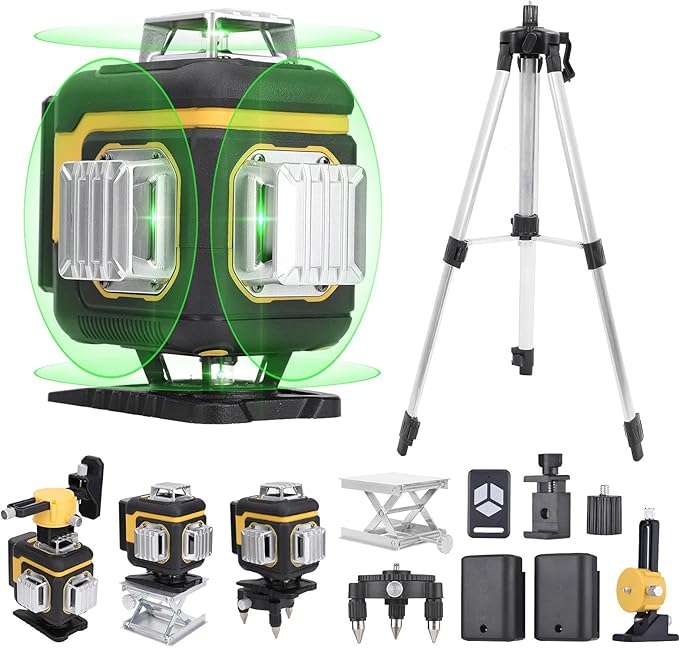 Laser Level with Tripod, 4 x 360 Self Leveling Laser Measuring Tool Green 16 Line Level Laser 360 Self Leveling for Construction, Home Renovation, Picture Hanging