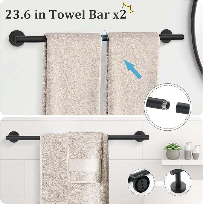 TURS Matte Black 10 Pieces Bathroom Hardware Set, SUS304 Stainless Steel 24 Inch Bath Towel Bar Set, Round Bathroom Accessories Kit Wall Mounted