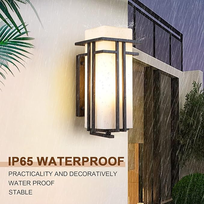 Outdoor Porch Light Wall Mounted Waterproof Wall Lantern Exterior Light Fixture for Entryways Yards Garage Front Porch, Square Metal Frame with Frosted Glass, Black