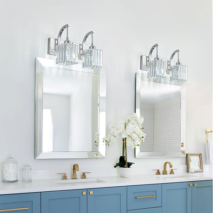 Crystal Vanity Lights 2-Light Chrome Wall Lamp Modern Crystal Bathroom Light Fixtures Over Mirror 13.77" Long Bathroom Wall Sconce