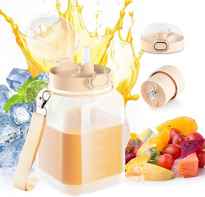 Portable Blender,FOUSIUTIM Personal Blenders for Shakes and Smoothies with34oz Cup, Lid and Shoulder Strap, Type-C USB Rechargeable, Personal Size Blenders BPA-free for Home，Gym/Travel