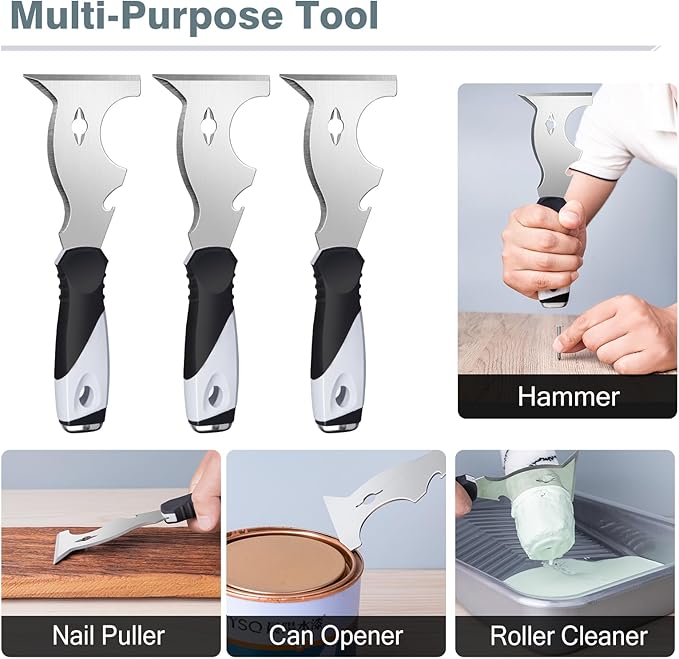 Mister Rui Paint Scraper, 3 Pack Multi Use Paint Tools Putty Knife 10 in 1, Paint Scraper Tools for Painting, Metal Scraper with Hammer End, Taping Knife, Spackle Tool