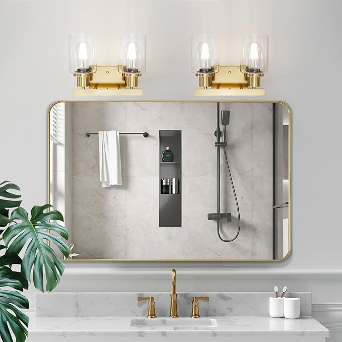 2-Light Brushed Gold Vanity Lights for Bathroom, Brushed Gold Bathroom Light Fixtures, Modern Vanity Lighting Over Mirror with Clear Glass Shade, Farmhouse Bath Wall Lamp for Mirror