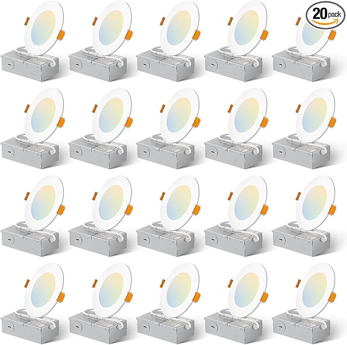 Amico 20 Pack 4 Inch 5CCT Ultra-Thin LED Recessed Ceiling Light with Junction Box, 2700K/3000K/4000K/5000K/6000K Selectable, 10W Eqv 70W, Dimmable Can-Killer Downlight, 700LM High Brightness