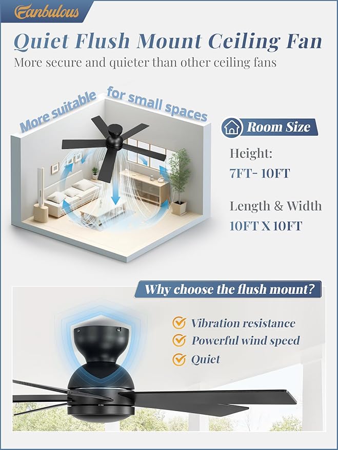 42 Inch Flush Mount Ceiling Fans without Lights, Small Black Ceiling Fan with Remote, 6-Speeds, Quiet Reversible DC Motor, Indoor/Outdoor Ceiling Fan for Patio, Living Room, Bedroom
