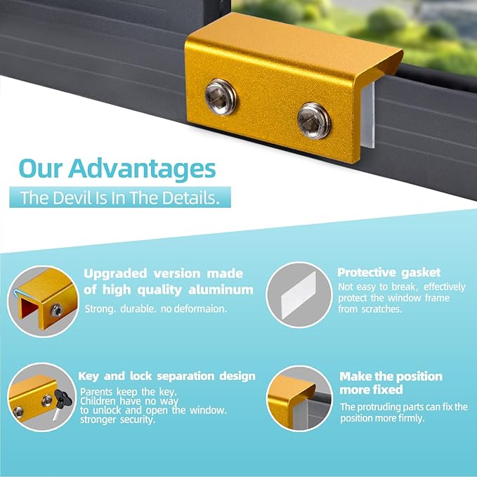 Window Locks for Up and Down Windows 4 Pack Window Stopper Sliding Window Lock for Vertical Horizontal Sliding Windows Doors with Key Aluminum Window Security Locks Child Proof(Golden Large)