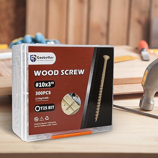 Wood Screws 3 Inch, Lag Screws #10 x 3, 300 Pcs Torx Structural Screws, Construction Exterior Wood Screws, Timber Screws for Fence Log Landscaping Wood, T25 Bit Included, Yellow