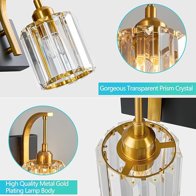 3-Light Crystal Vanity Light, Modern Black Gold Bathroom Wall Sconce with K9 Crystal Shades, 23.62" Long Over Mirror Lighting for Vanity, Makeup, Hallway, Elegant & Durable