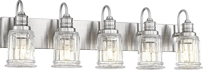 Bathroom Light Fixtures, HWH 5-Light Vanity Light, Modern Brushed Nickel Wall Lighting Over Mirror, Bell-Shaped Striped Glass, 5HZG106B-5W BN