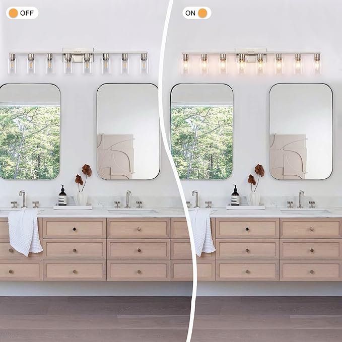 8 Light Bathroom Vanity Light, Large Brushed Nickel Vanity Lights Fixtures, Bathroom Lighting Fixture Over Mirror with Clear Glass Shade for Mirror, Bedroom, Living Room, Wall Lamp