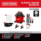 CRAFTSMAN CMXEVBE18695 16 Gallon 6.5 Peak HP Wet/Dry Shop Vac, Heavy-Duty Shop Vacuum Wet and Dry with Filter, Muffler/Diffuser, Dust Bag, Hose and Attachments for Home Projects & Renovations