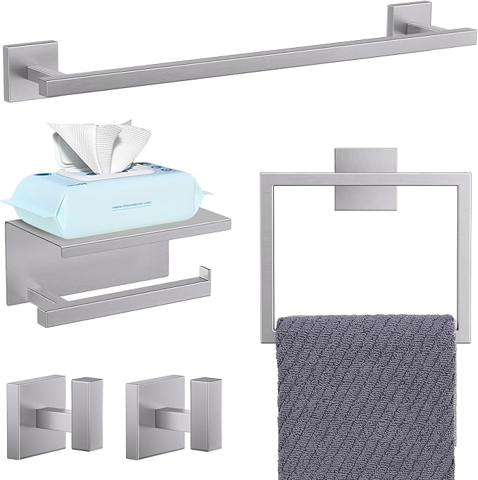 YACVCL 5-Pieces Brushed Nickel Bathroom Hardware Accessories Set Towel Bar Set Upgraded Toilet Paper Holder with Shelf Stainless Steel Wall-Mounted Bathroom Hardware Set 23.6 Inch