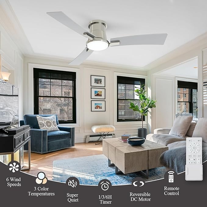 52 Inch Ceiling Fans with Lights and Remote, Brushed Nickel Low Profile Ceiling Fan with Light,Reversible,Flush Mount,6 Speeds,3CCT Dimmable,for Bedroom,Living Room,Indoor Patio
