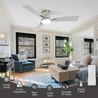 52 Inch Ceiling Fans with Lights and Remote, Brushed Nickel Low Profile Ceiling Fan with Light,Reversible,Flush Mount,6 Speeds,3CCT Dimmable,for Bedroom,Living Room,Indoor Patio