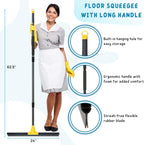 Floor Squeegee for Concrete and Tile Cleaning, 24'' Rubber Wiper Broom, Large Heavy Duty Water Scraper with 60'' Long Handle for Garage, Deck, Bathroom, Shower Glass, Window