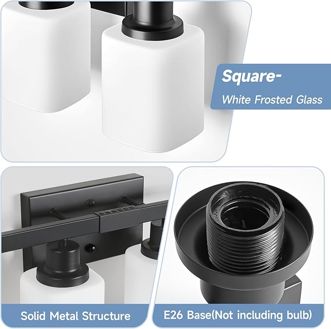 6 Light Bathroom Vanity Light, Modern Matte Black Bathroom Light Fixtures with Square Frosted Glass, Wall Sconces fixtures Over Mirror Restroom,Living Room Hallway E26